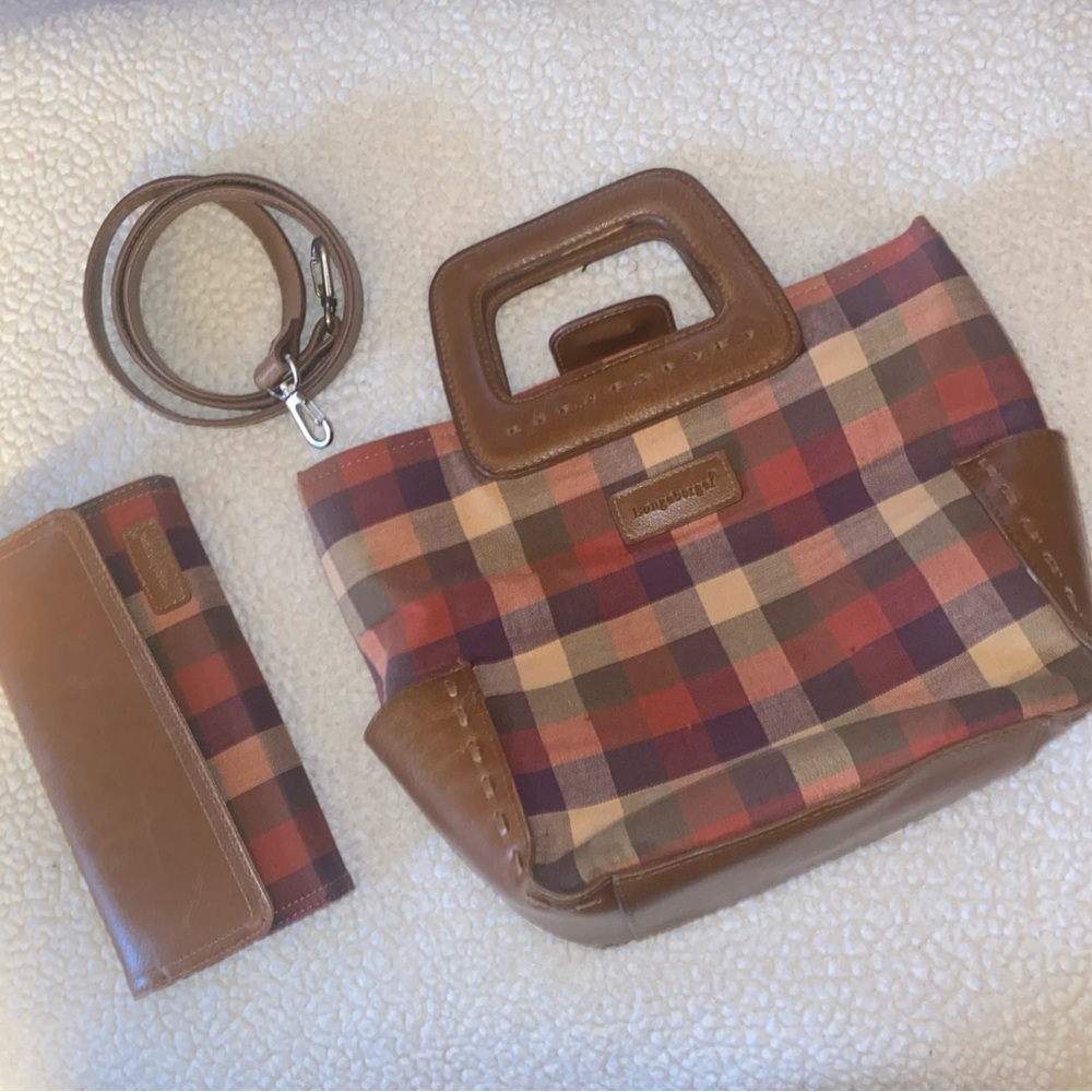 VTG Longaberger Multicolor Plaid Tote & wallet Brown Leather with shoulder strap